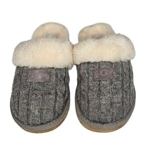 UGG Charcoal Grey Cable Knit Wool Sherpa Winter House Slippers women's 5